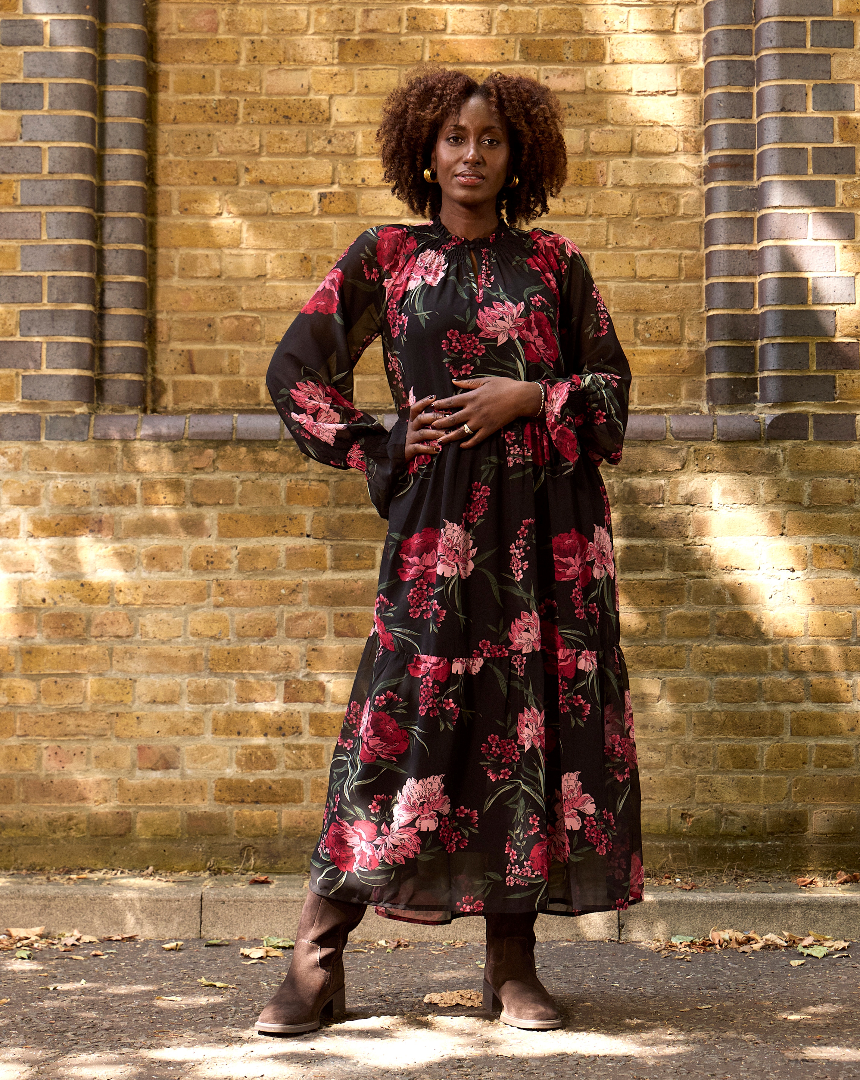 Shirred High Neck Tiered Maxi Dress