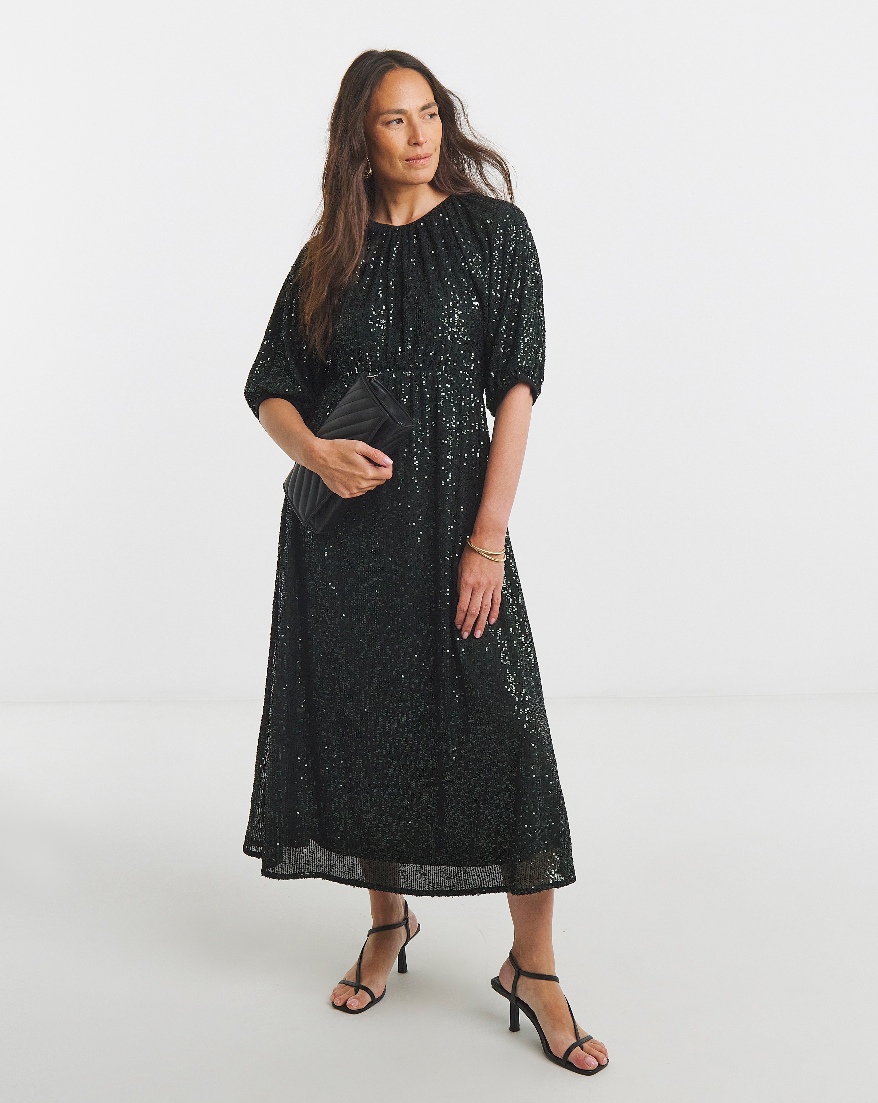 Linear Sequin Puff Sleeve Midi Dress