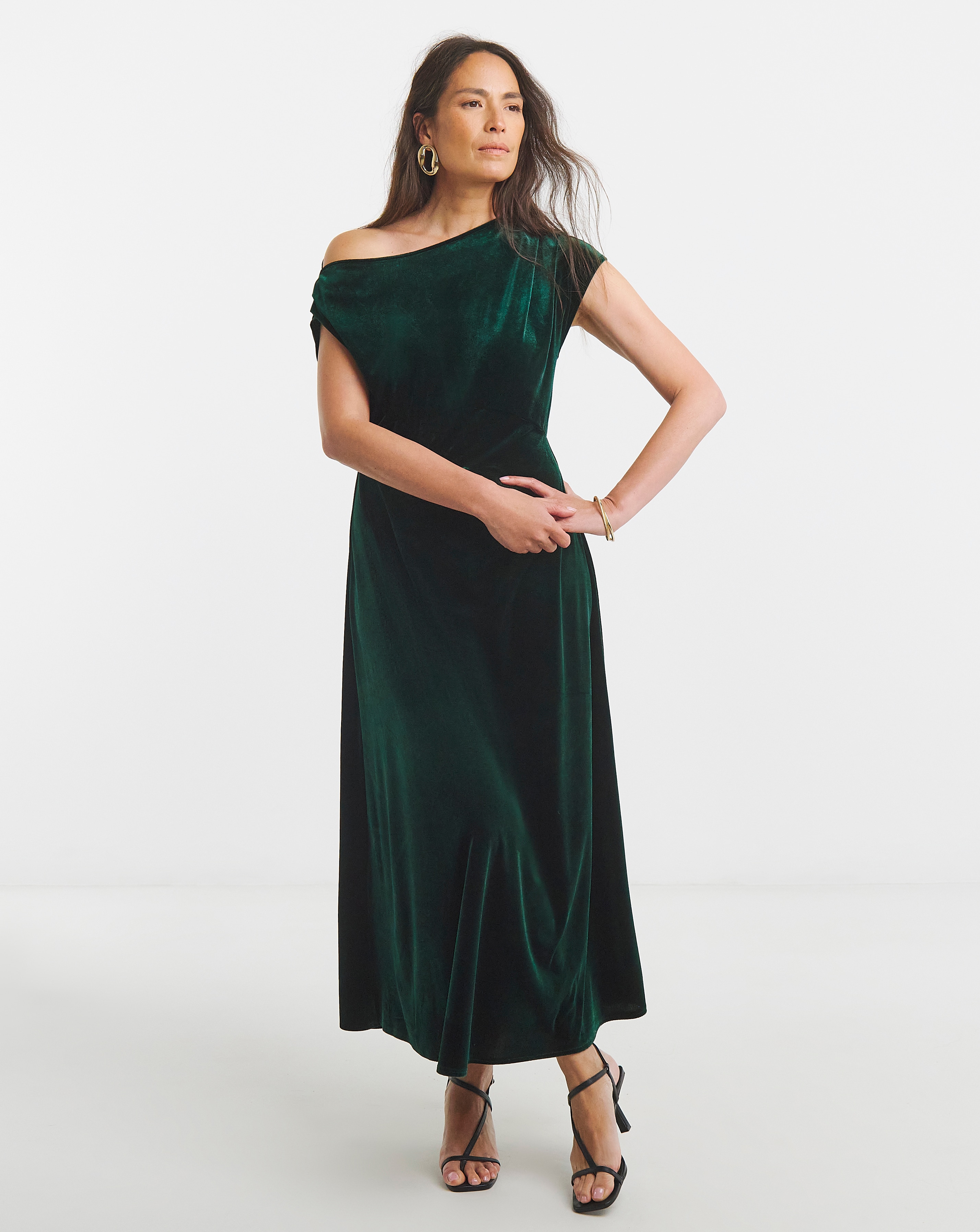 New In - Velvet Asymetric Neckline Midi Dress