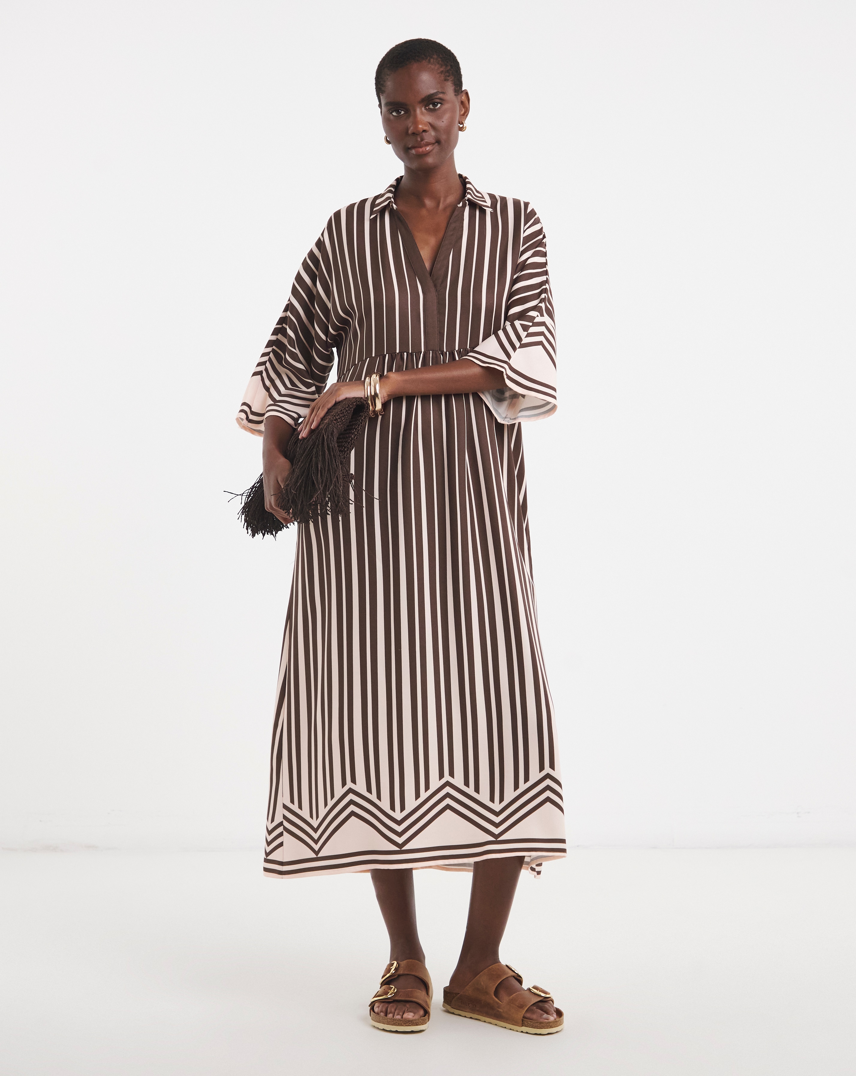 Border Print Placket Detail Smock Dress