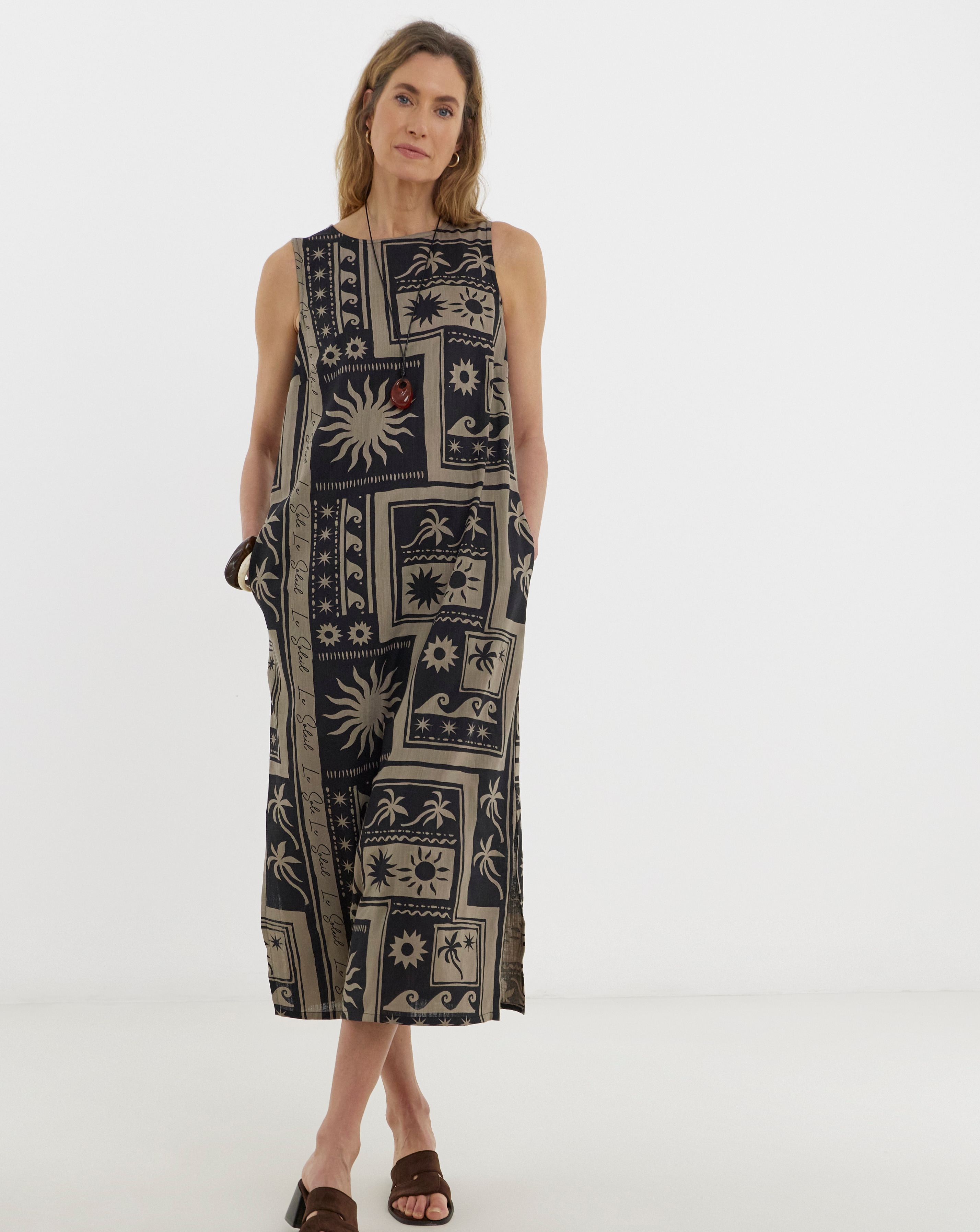 New In - Border Print Linen Midi Shift Dress