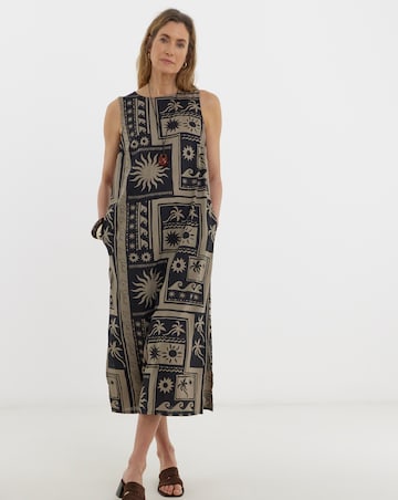Border Print Linen Midi Shift Dress