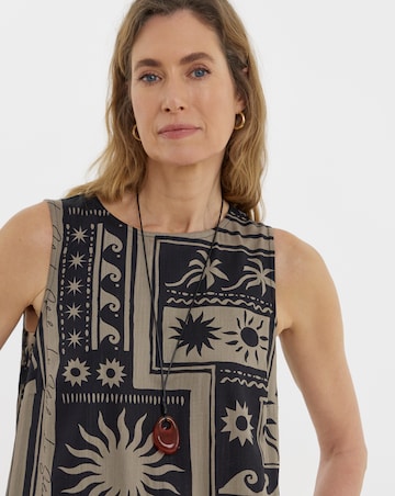 Border Print Linen Midi Shift Dress