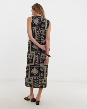 Border Print Linen Midi Shift Dress