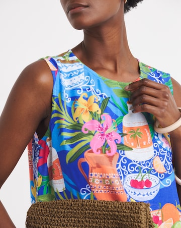 Border Print Linen Sleeveless Shift Dress