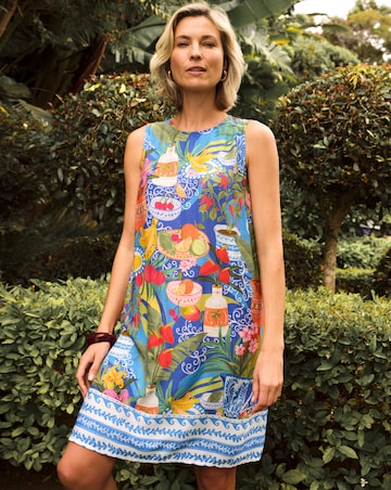 Border Print Linen Sleeveless Shift Dress