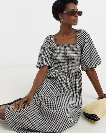 Check Shirred Drop Waist Dress