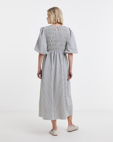 Blue Stripe Shirred Puff Sleeve Dress