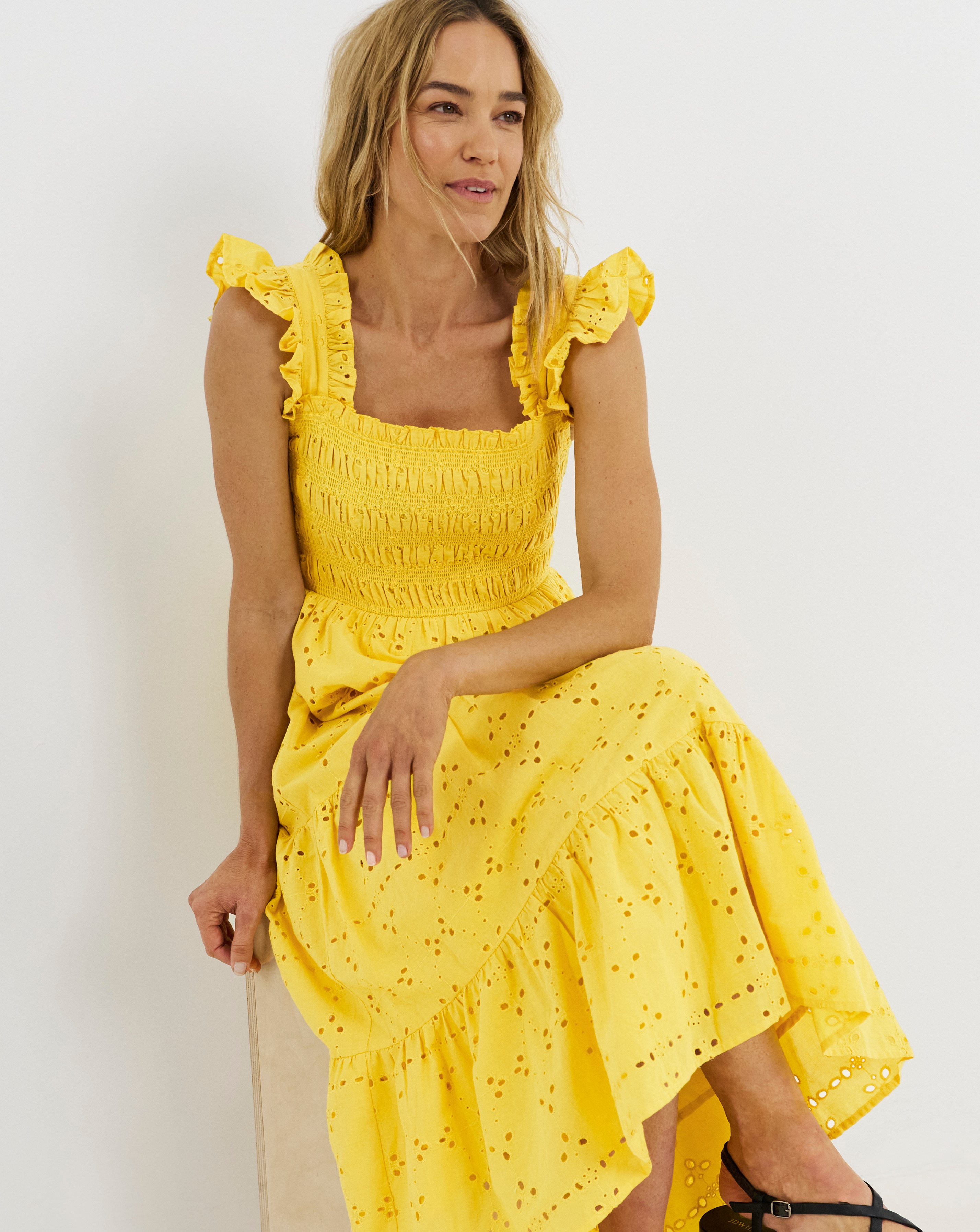 New In - Yellow Broderie Shirred Midi Dress