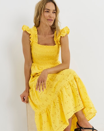 Yellow Broderie Shirred Midi Dress