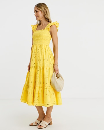 Yellow Broderie Shirred Midi Dress