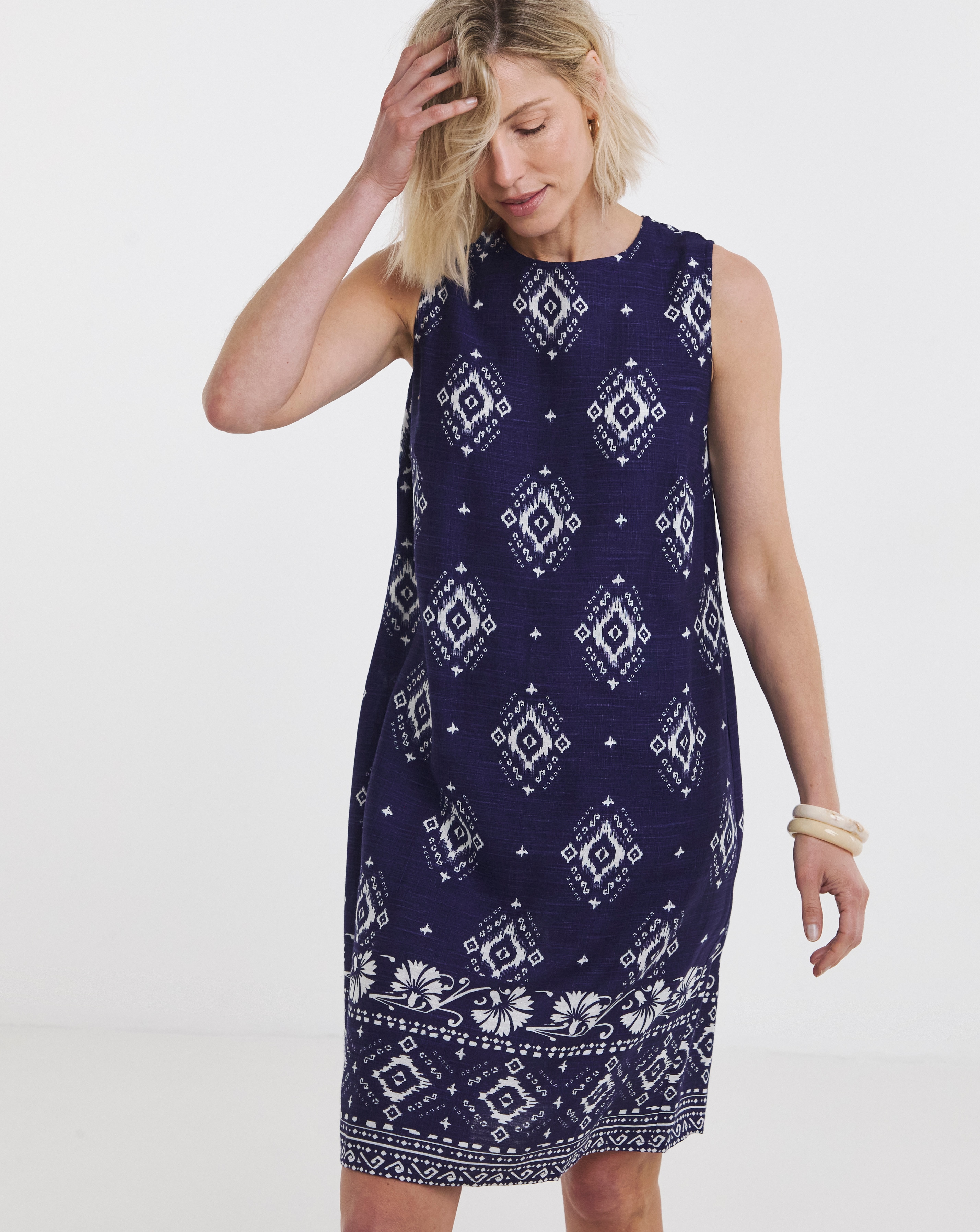 New In - Border Print Linen Shift Dress