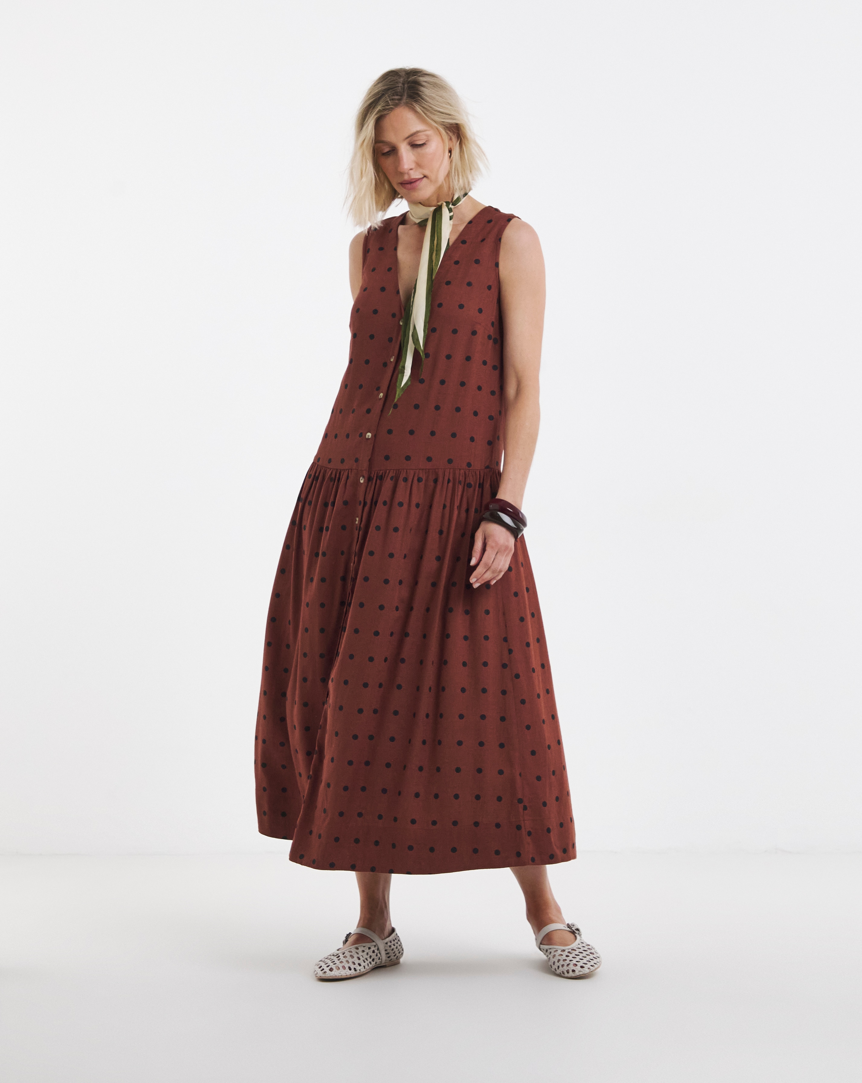 New In - Linen Drop Waist Button Through Dress