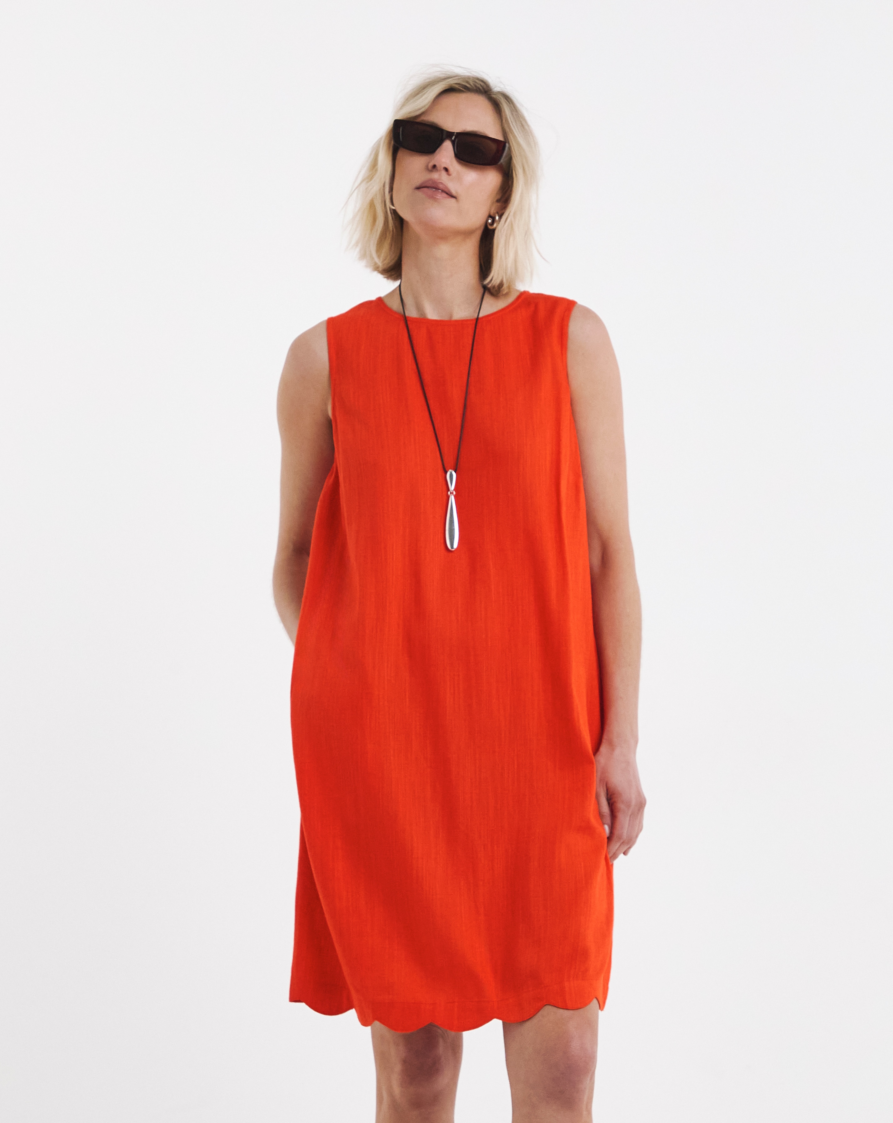 New In - Linen Shift Dress with Scallop Hem