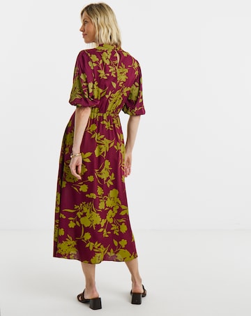 Burgundy Floral Print High Neck Puff Sleeve Tea Dress