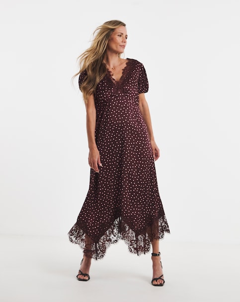 New In - Burgundy Spot Hanky Hem Lace Trim Dress