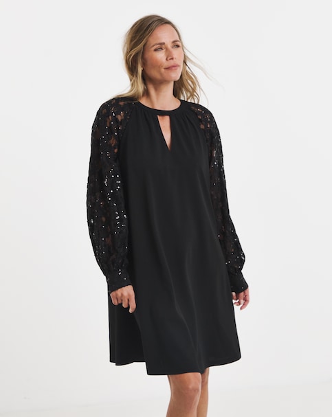 New In - Black Sequin Lace Sleeve Shift Dress