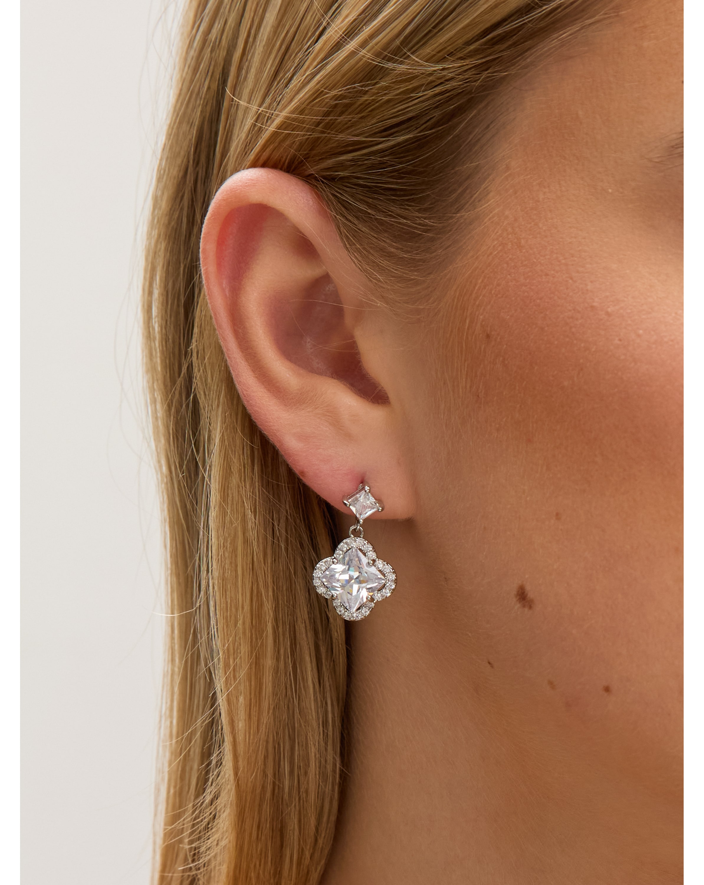 Rhodium Plated and CZ Clover Earrings