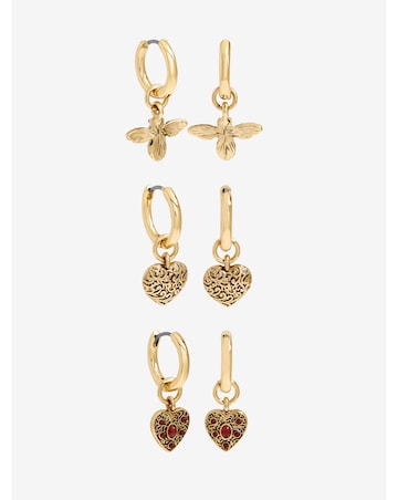 Mood Antique Gold & Red Resin Heart Huggie Earrings - Pack of 3