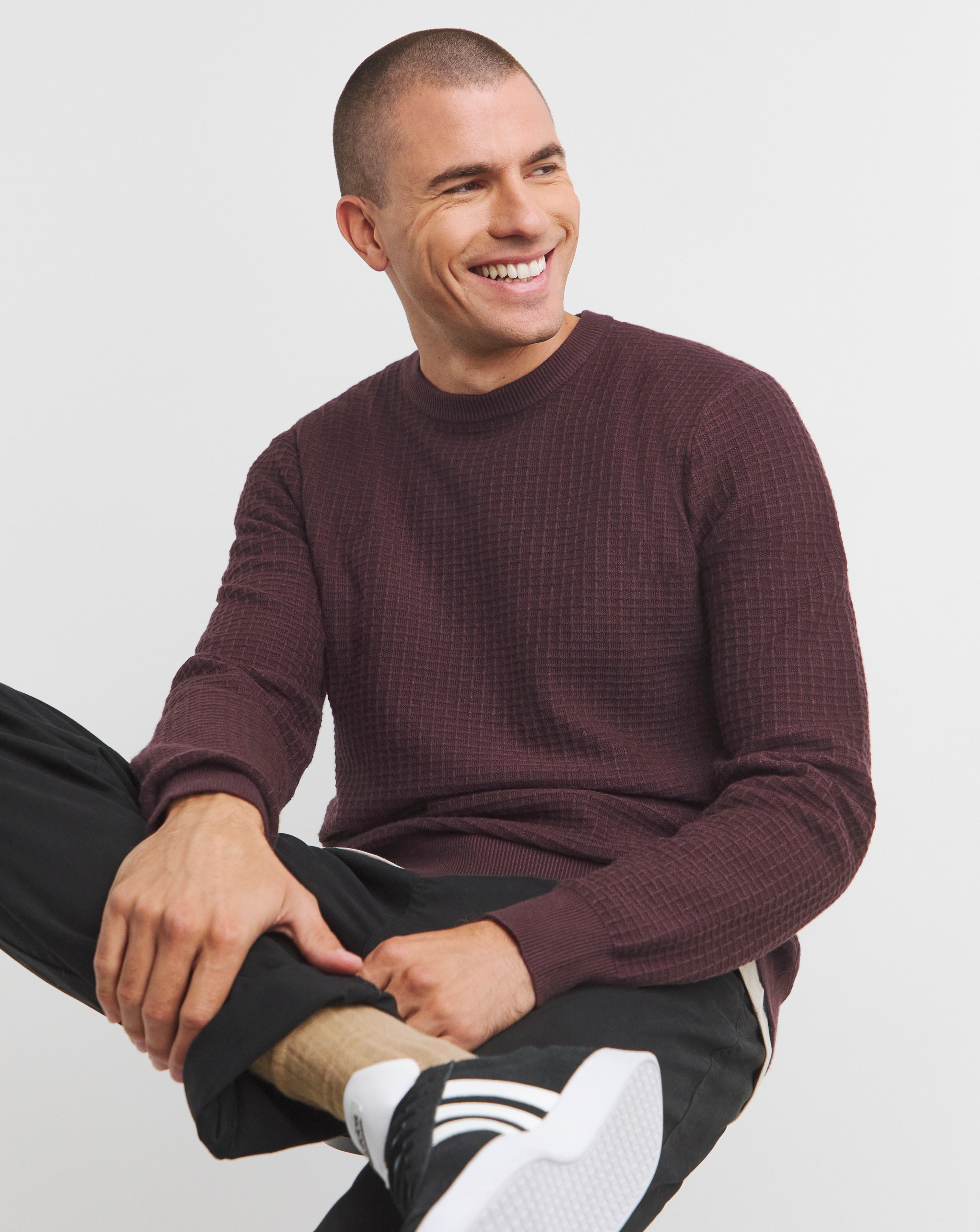 Burgundy Grid Soft Touch Crew Neck Jumpe