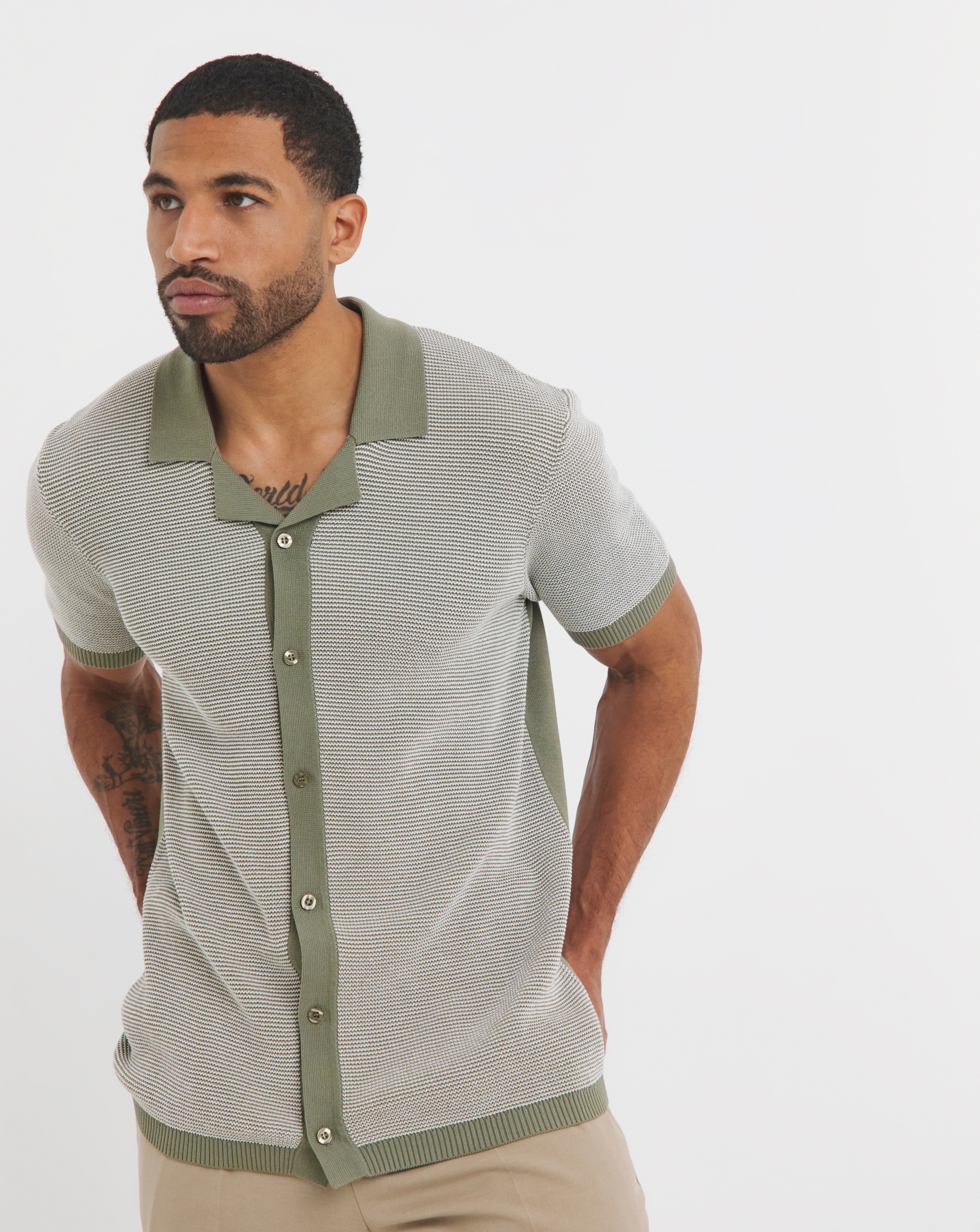 Green Textured Knit Cuban Collar Shirt