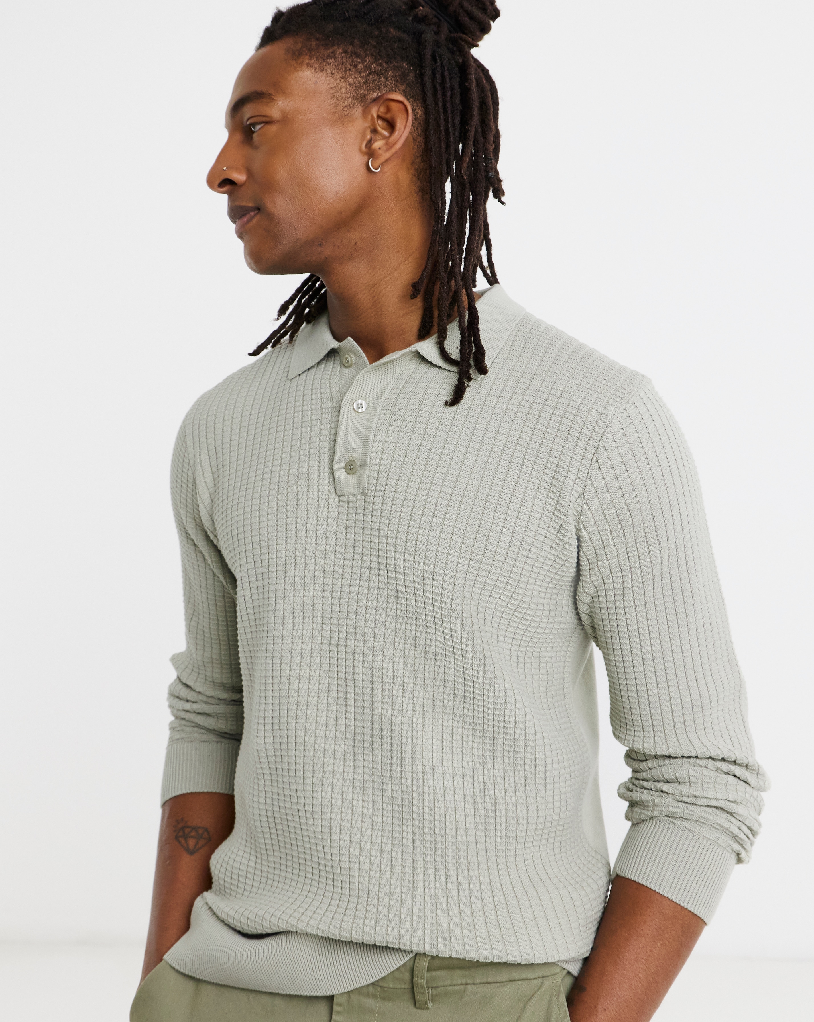 Textured Long Sleeve Knitted Polo