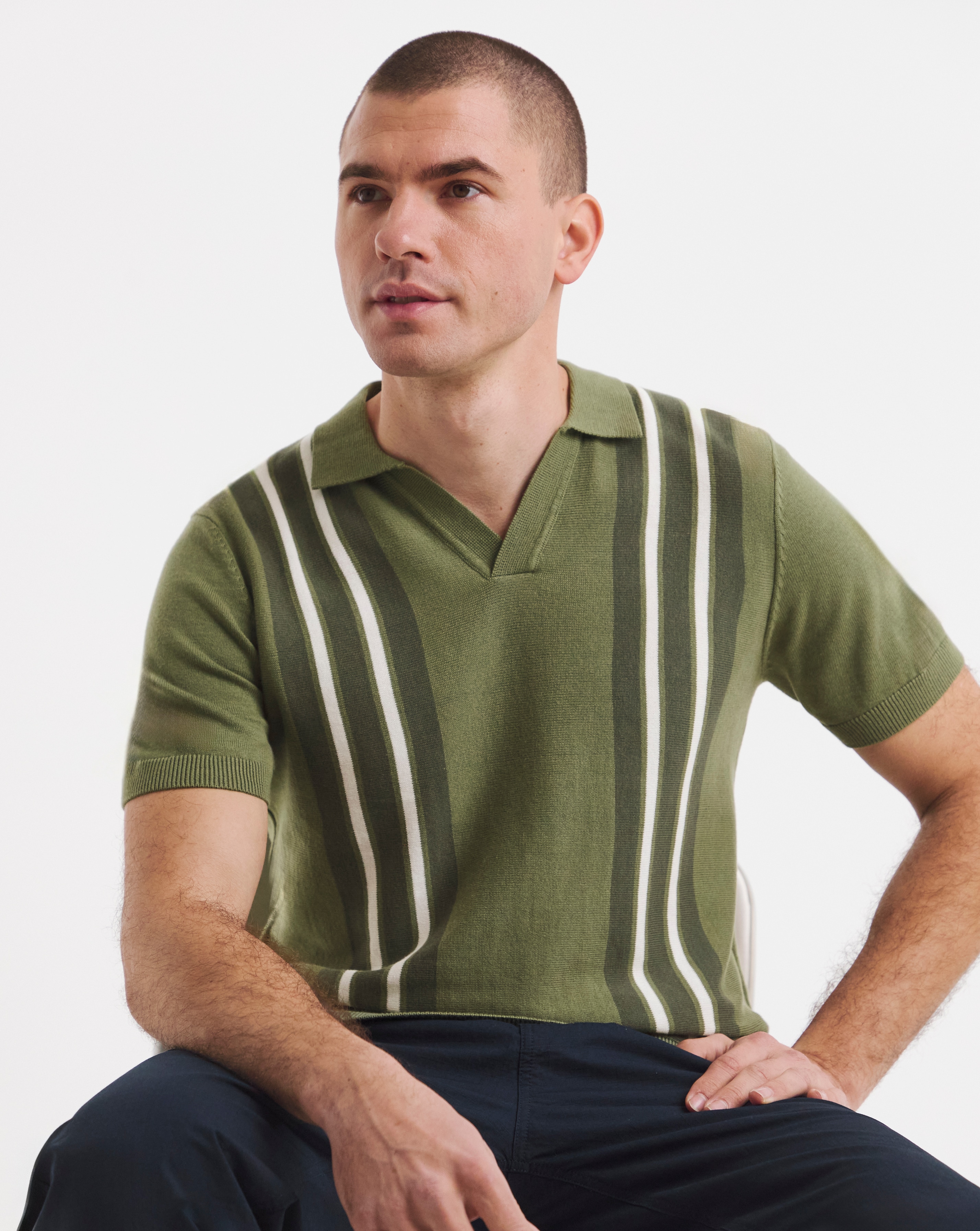 New In - Stripe Open Neck Knitted Polo
