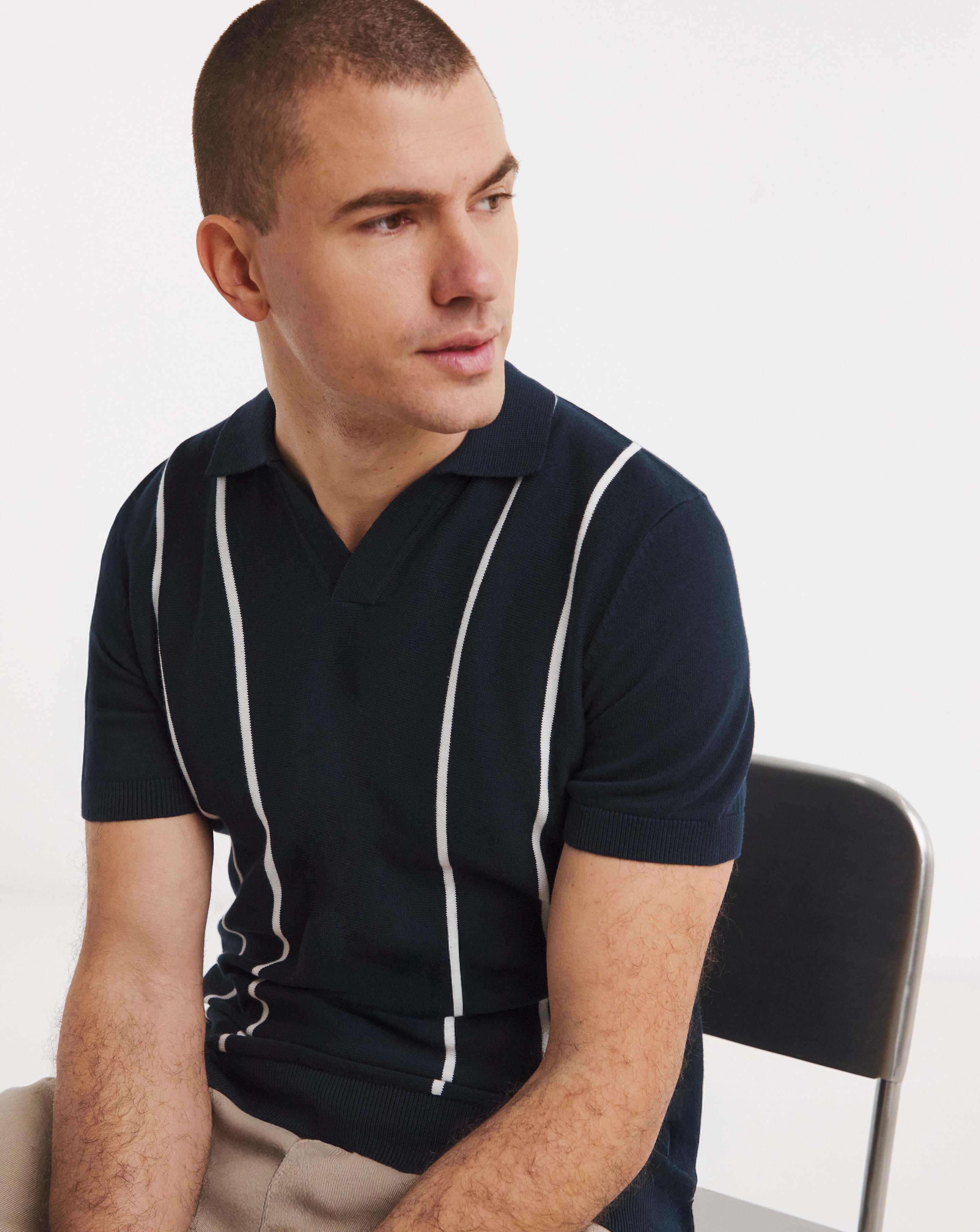 New In - Stripe Open Neck Knitted Polo