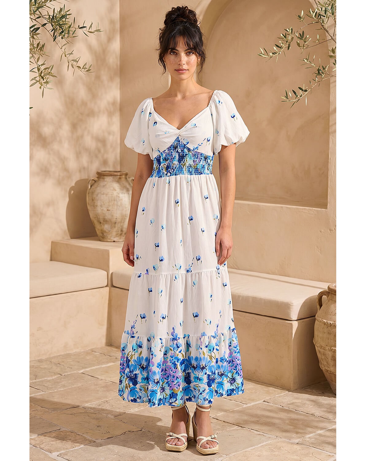 New In - Roman Dusk Floral Puff Sleeve Midi Dress
