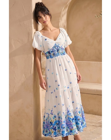 Roman Dusk Floral Puff Sleeve Midi Dress