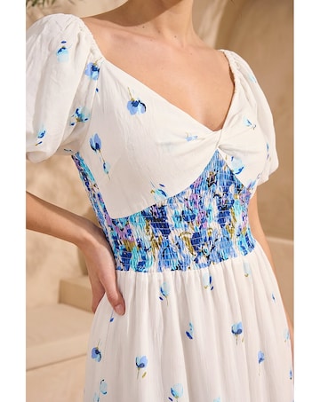 Roman Dusk Floral Puff Sleeve Midi Dress