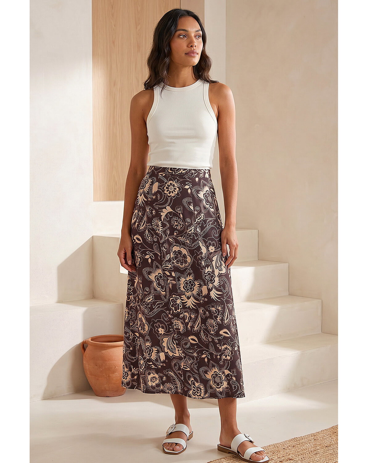 Roman Paisley Swirl Print Midi Skirt