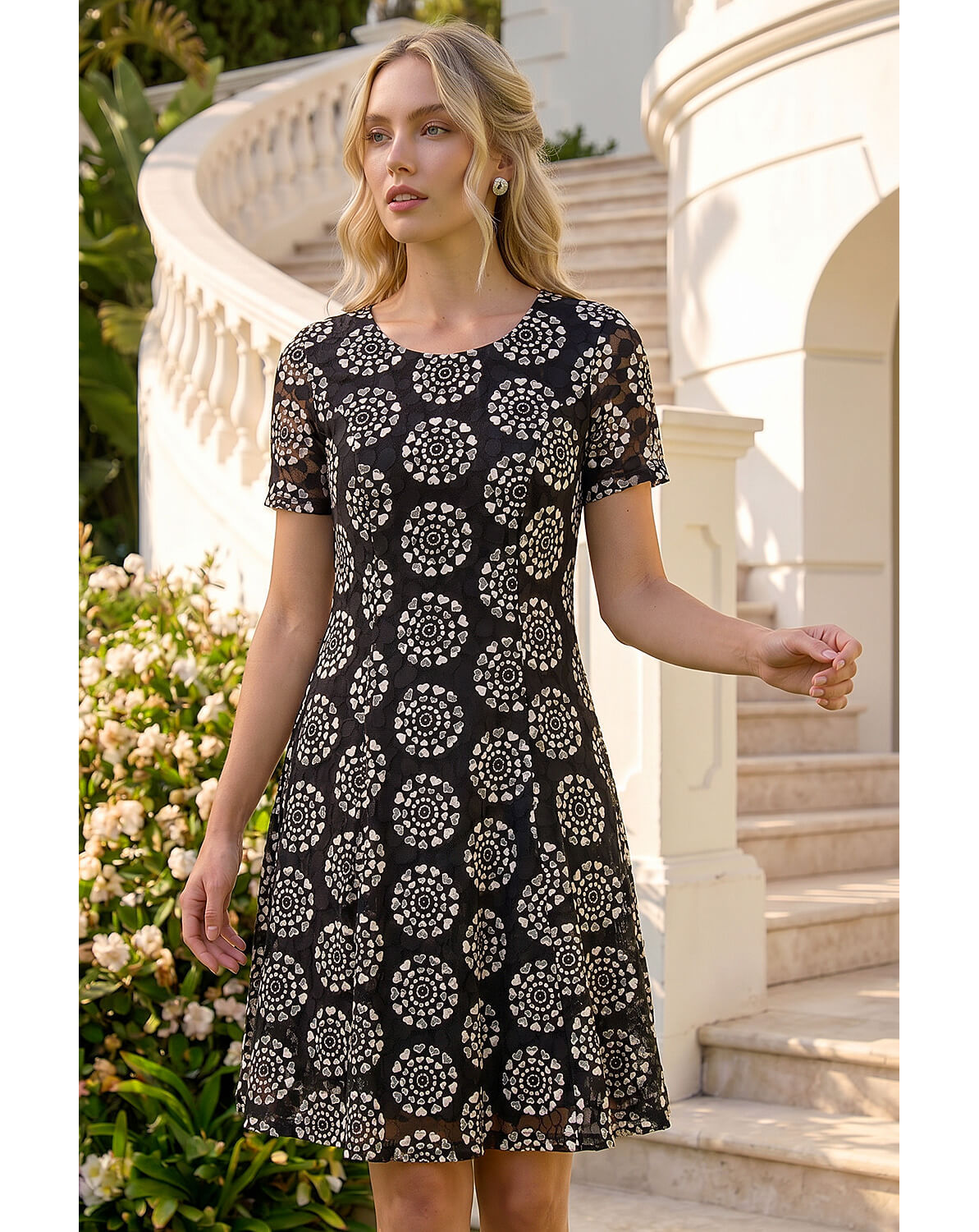 New In - Roman Heart Circle Lace Stretch Dress