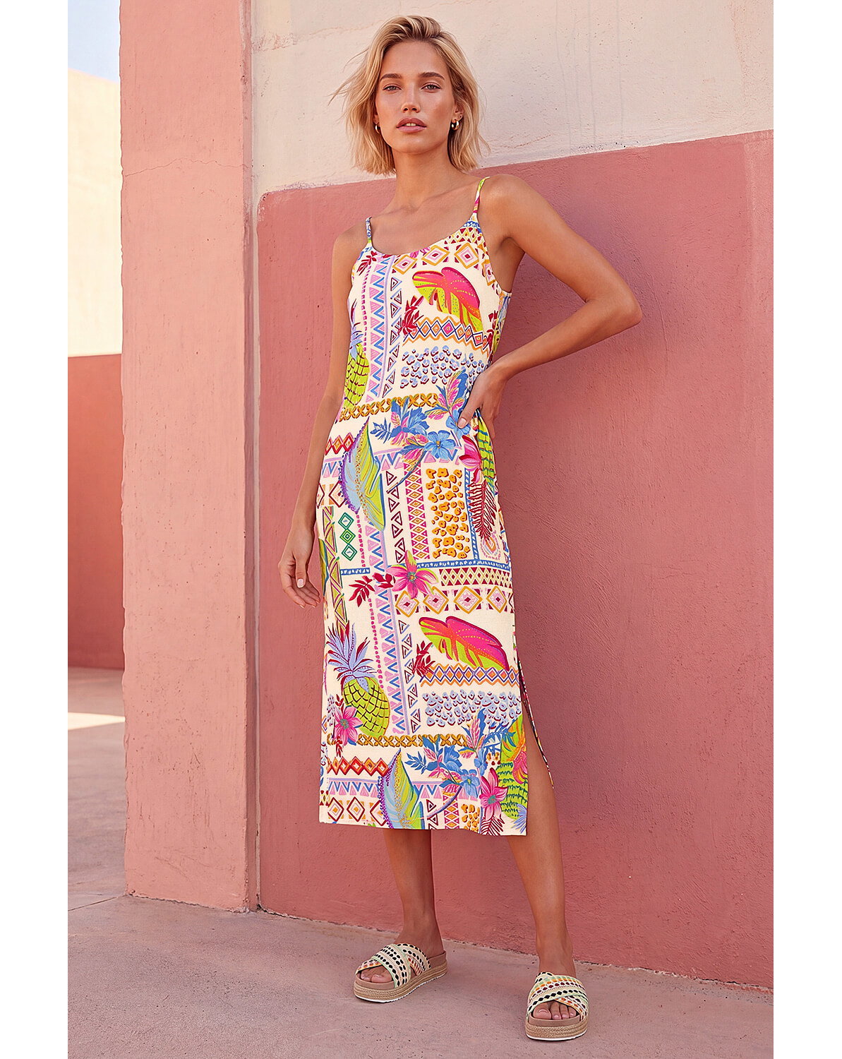 New In - Roman Pineapple Print Strappy Midi Dress