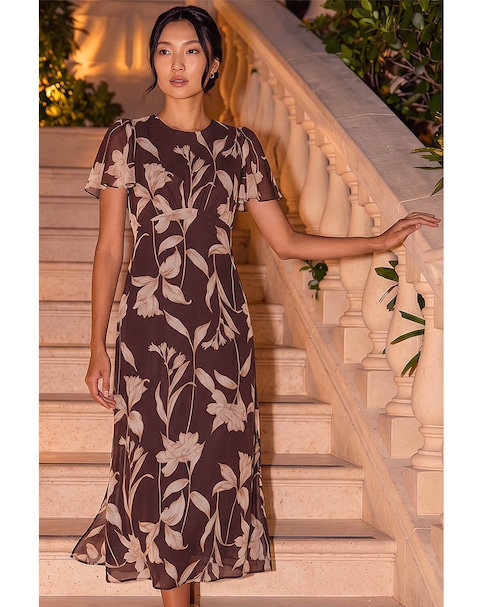 Roman Floral Flutter Sleeve Midi Dress
