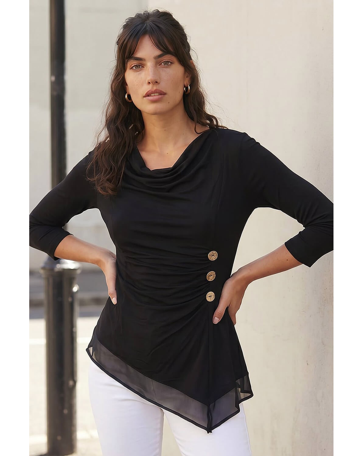 Roman Button Detail Chiffon Hem Top