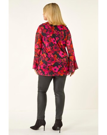 Roman Curve Floral Ruffle Mesh Top