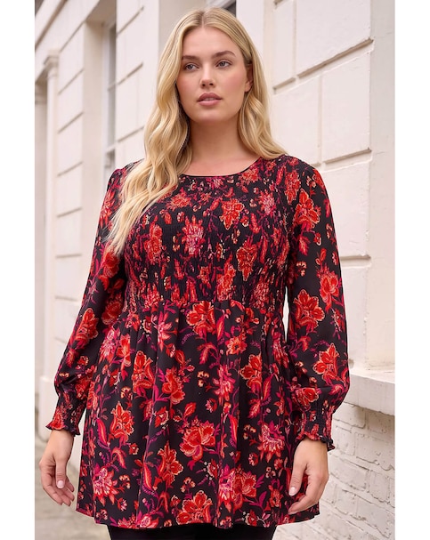 Roman Curve Floral Print Stretch Top