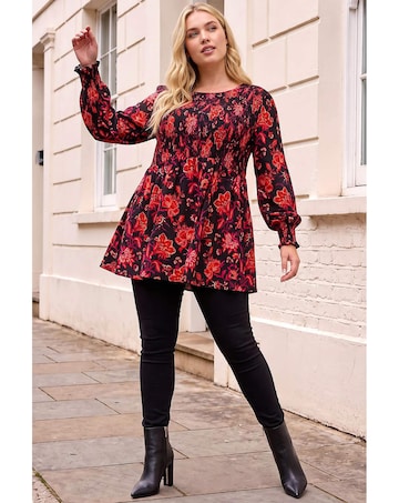 Roman Curve Floral Print Stretch Top