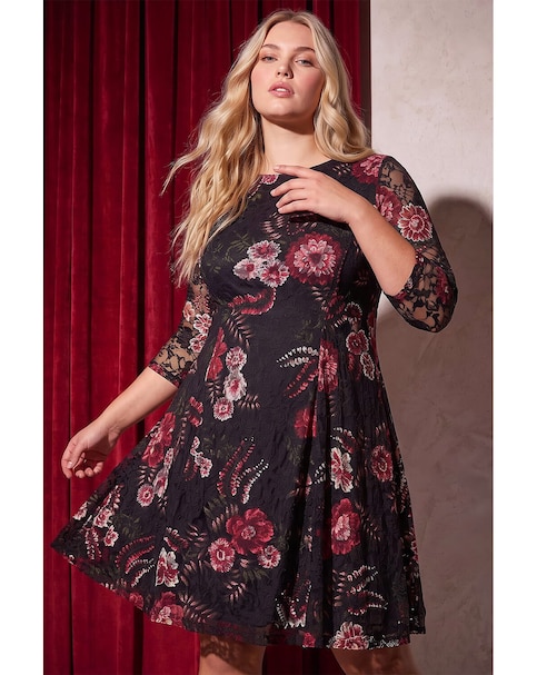 Roman Curve Floral Print Lace Dress
