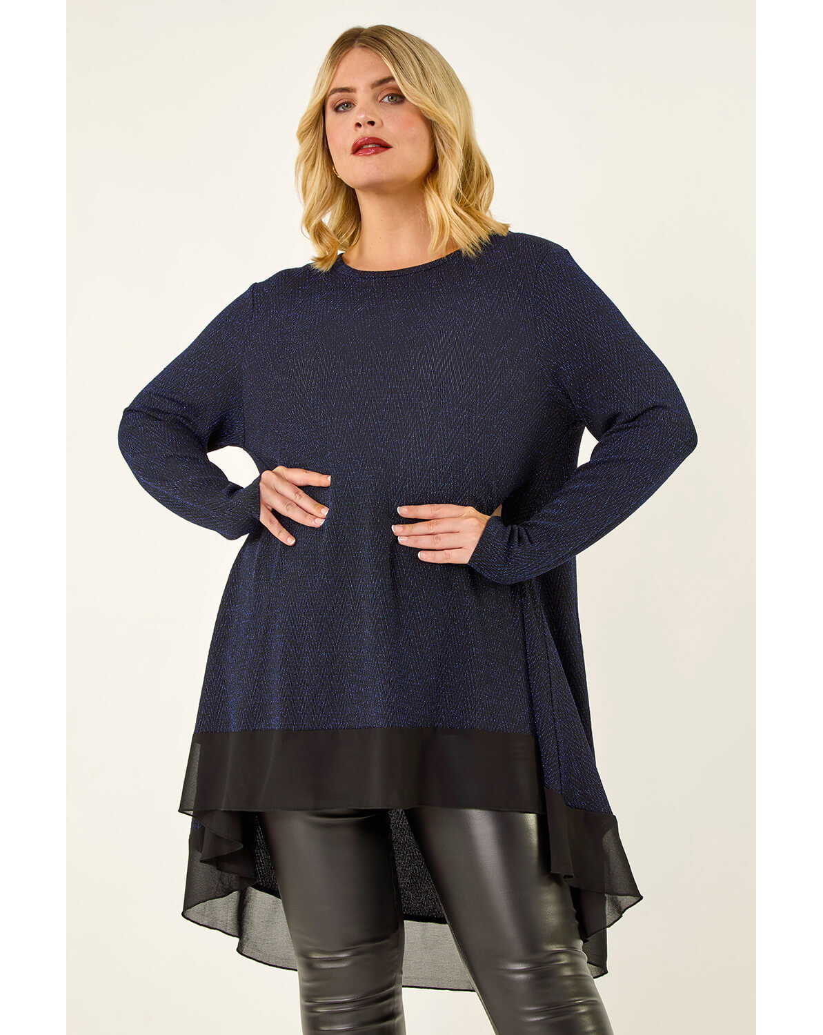 Roman Curve Glitter Chiffon Tunic Top