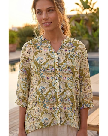 Roman Floral Print Notch Neck Blouse