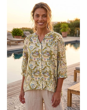 Roman Floral Print Notch Neck Blouse