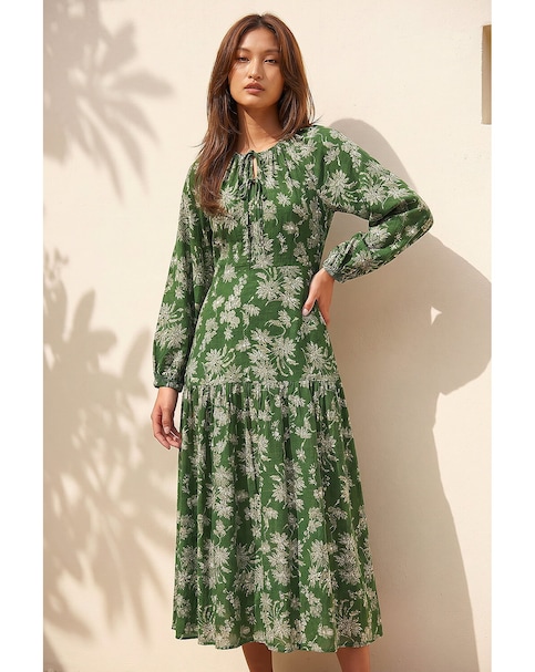 Roman Floral Keyhole Tie Midi Dress