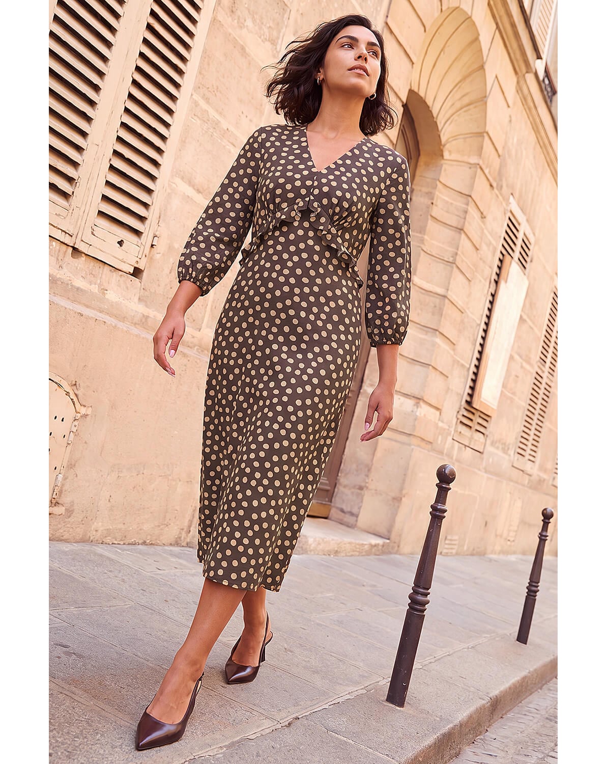 Roman Frill Polka Dot Midi Dress