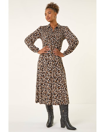 Roman Animal Print Shirred Midi Dress