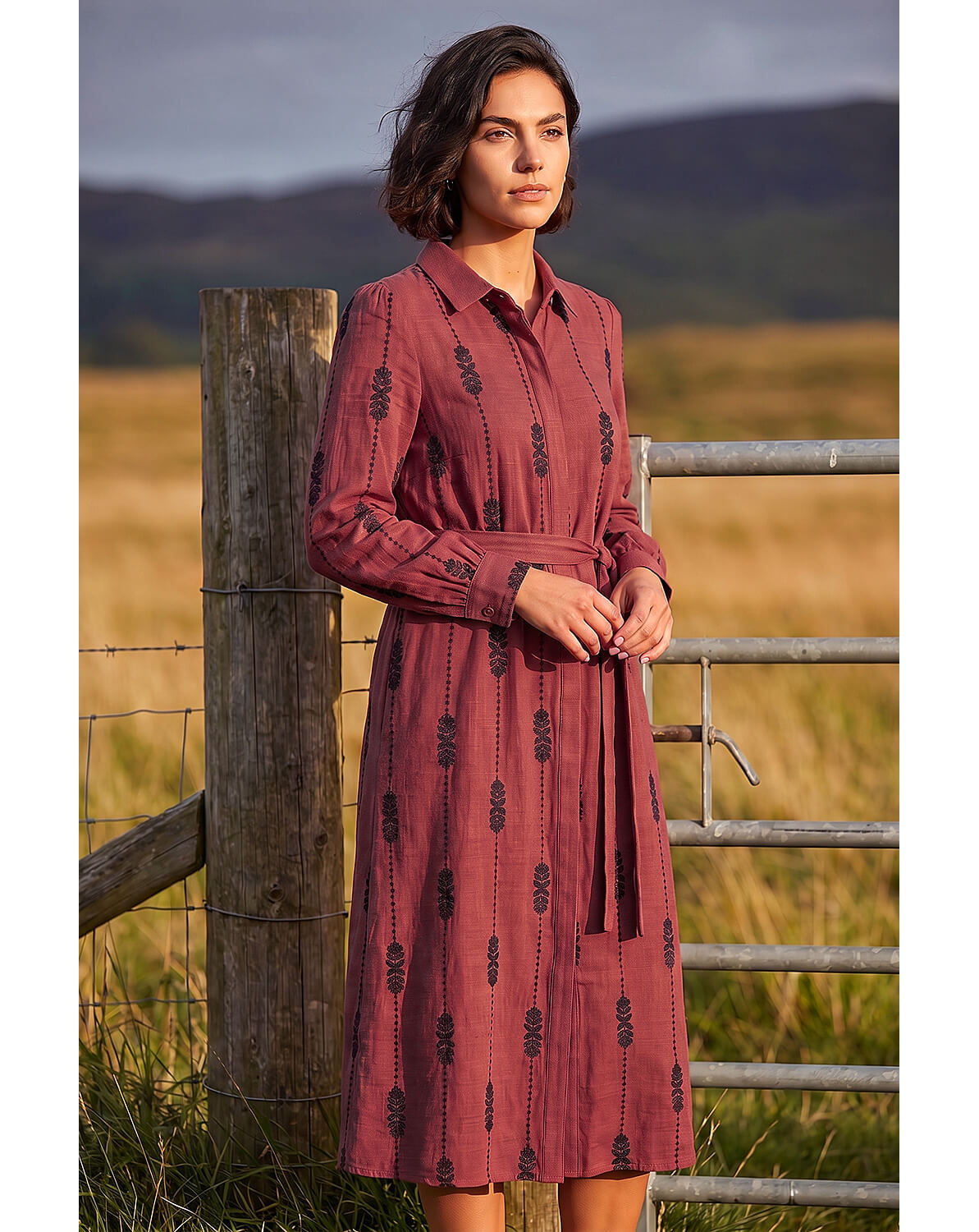 Roman Embroidered Belted Midi Dress