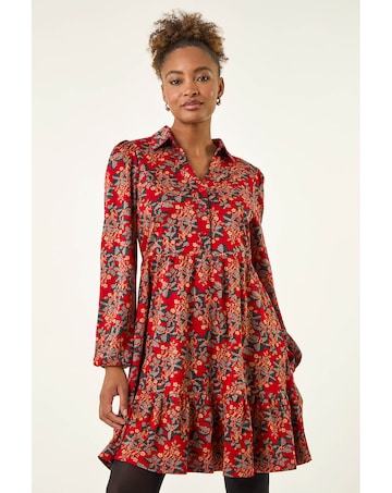 Roman Floral Print Button Stretch Dress