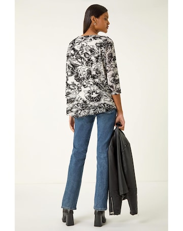 Roman Flock Floral Asymmetric Hem Top