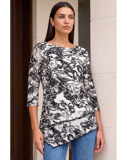 Roman Flock Floral Asymmetric Hem Top